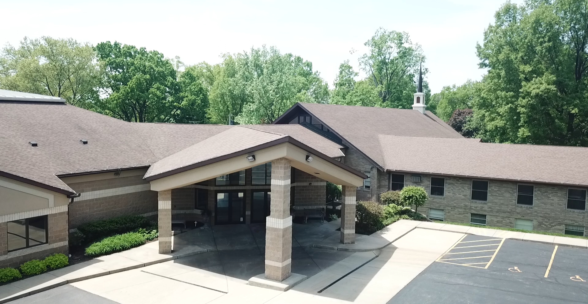 Aerial exterior view of Salem First Friends Church in Salem, Ohio